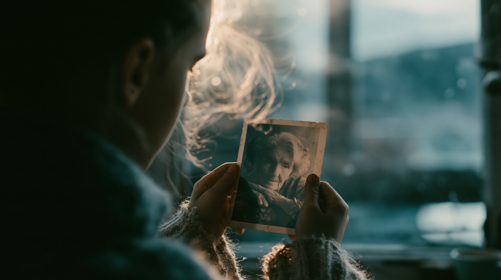 Over a woman's shoulder, hands holding an old photograph of an elder, golden light through the window