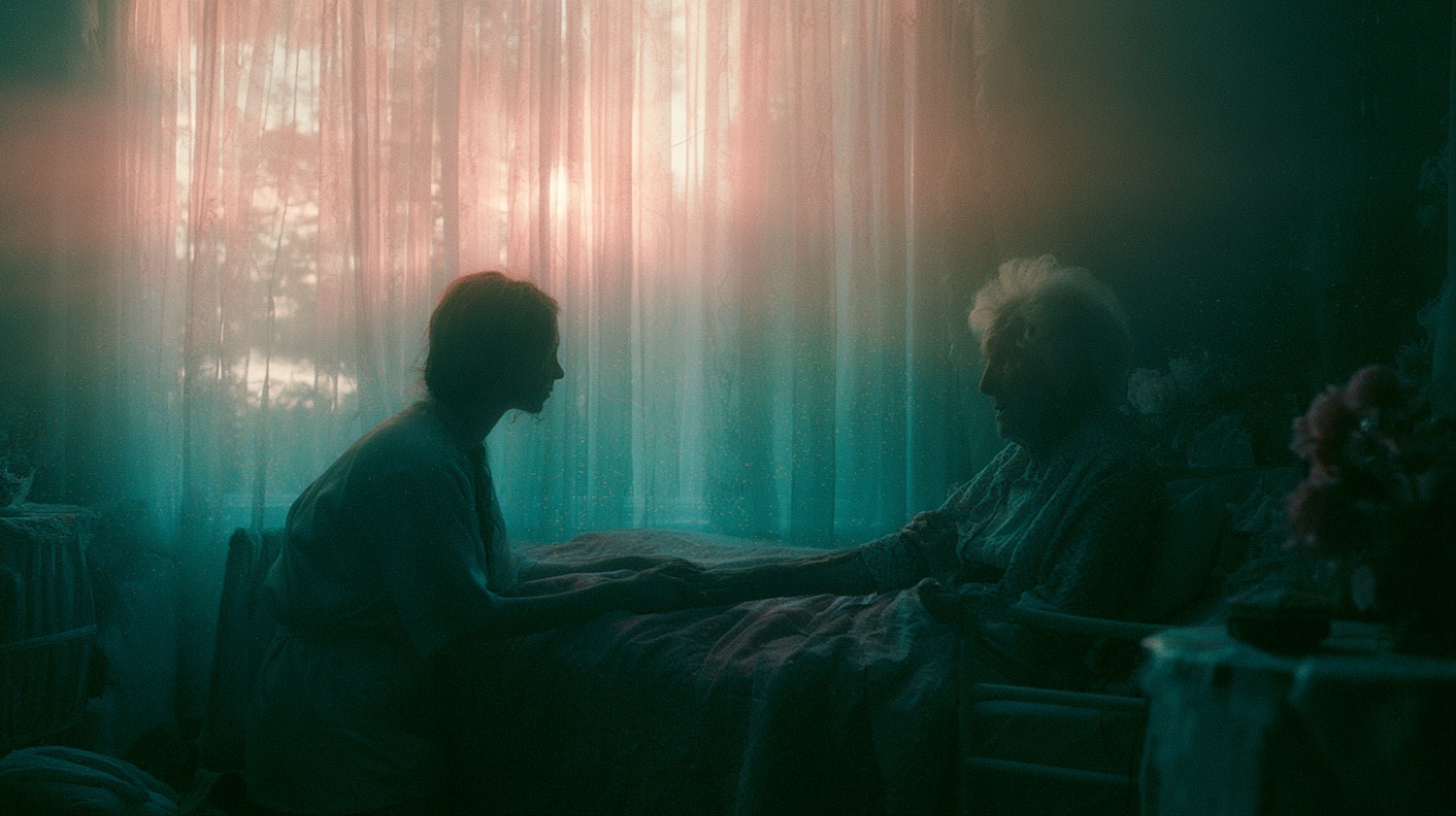 A nurse at a resident's bedside in soft curtain light