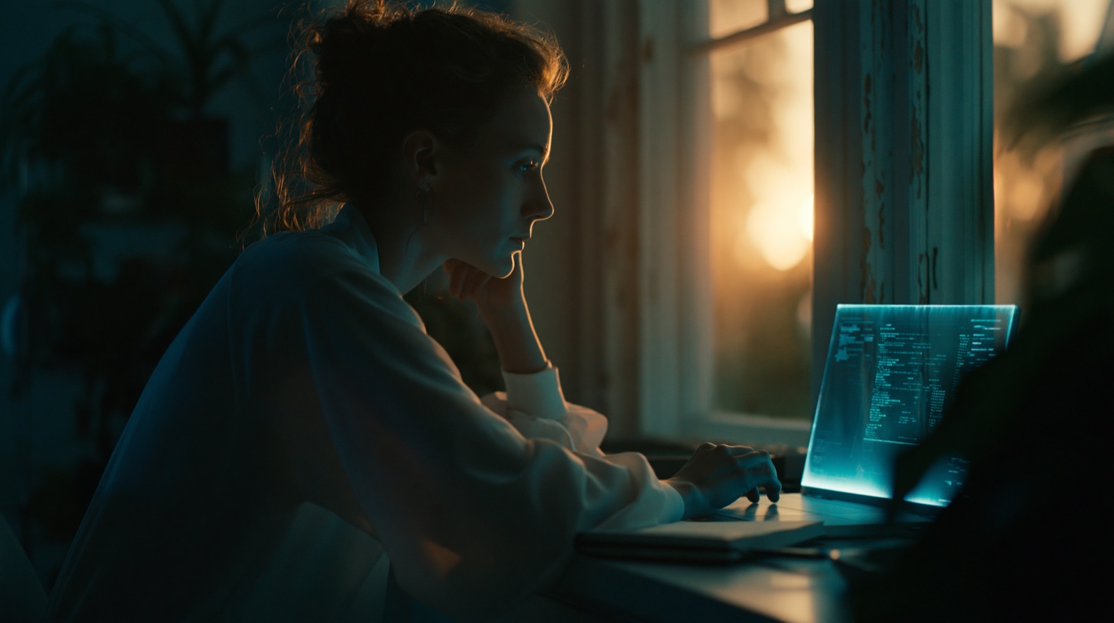 A focused researcher at a laptop in soft window light at dusk