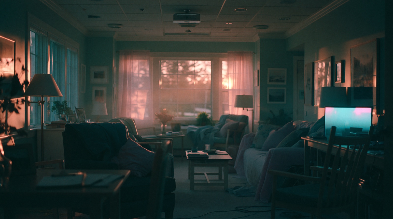 A calm memory-care living room at dusk, where the sensing study runs